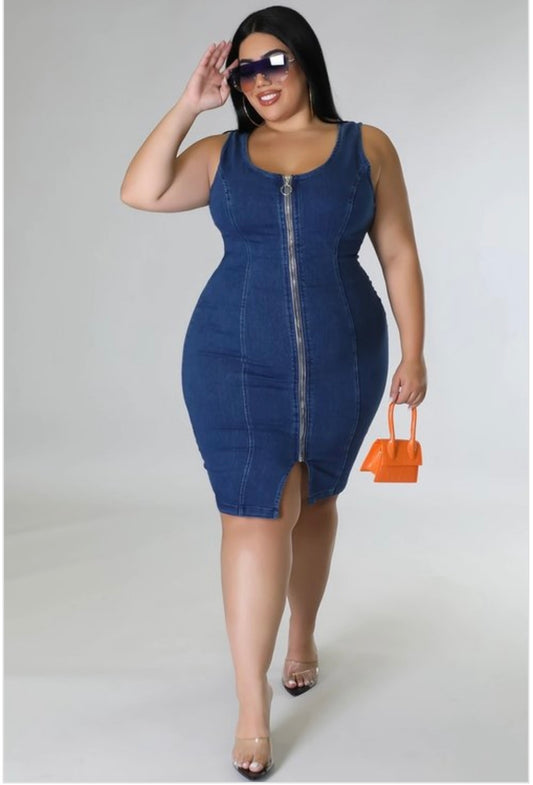 ZIPPER FRONT DENIM BODYCON DRESS